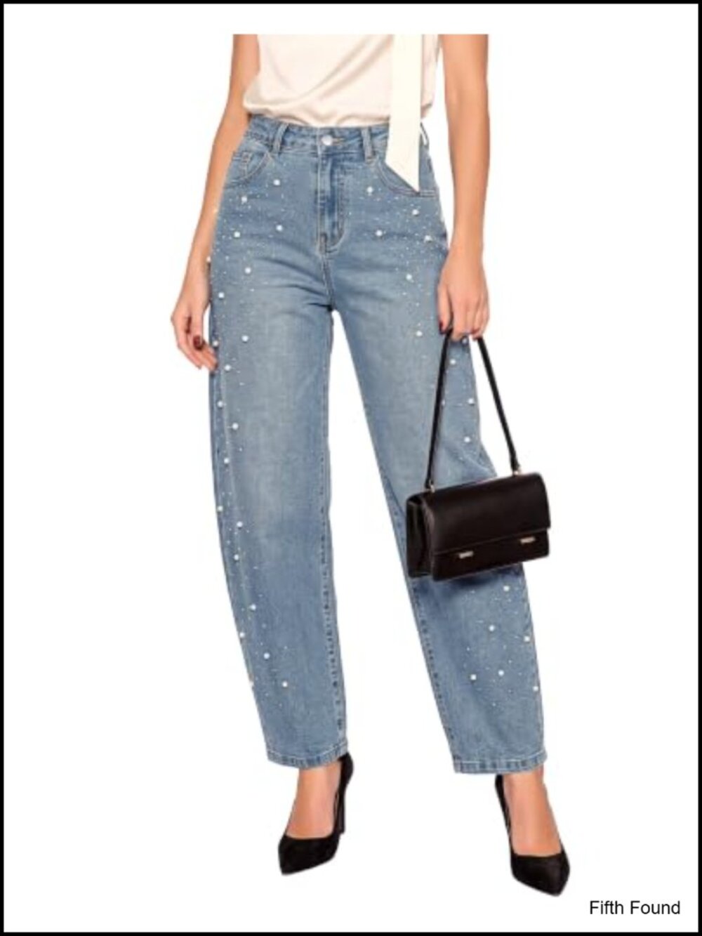 Rhinestone Pearl Embellished Barrel Jeans High Rise Wide Leg Ankle Denim